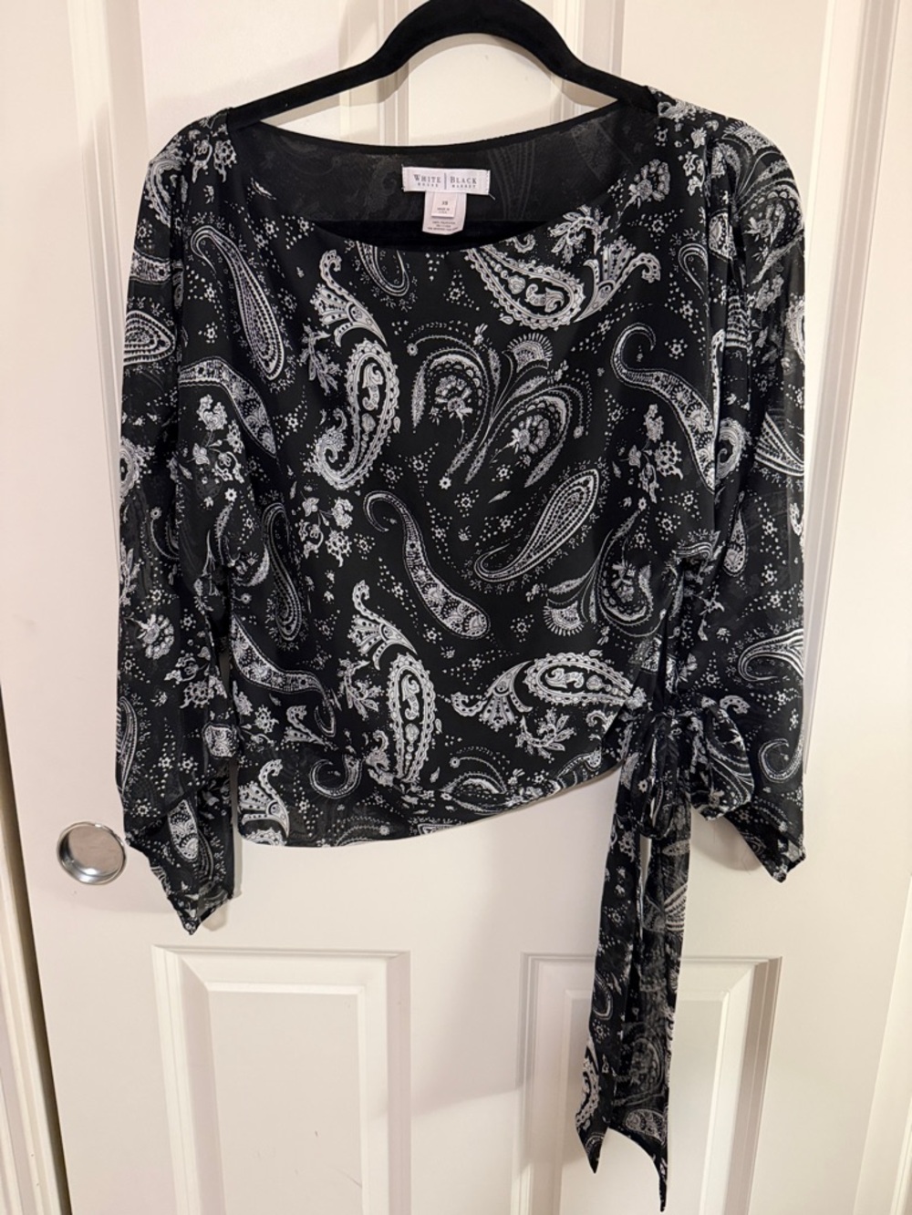 White House Black Market Black Paisley Tie-Waist Blouse with Scoop Neck